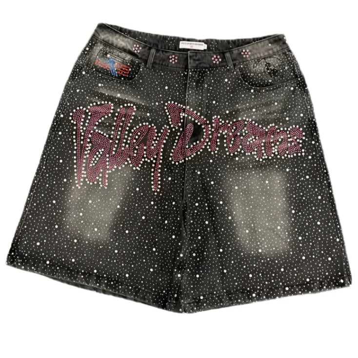 Vale Valley Dreams Crystal Denim Shorts Black